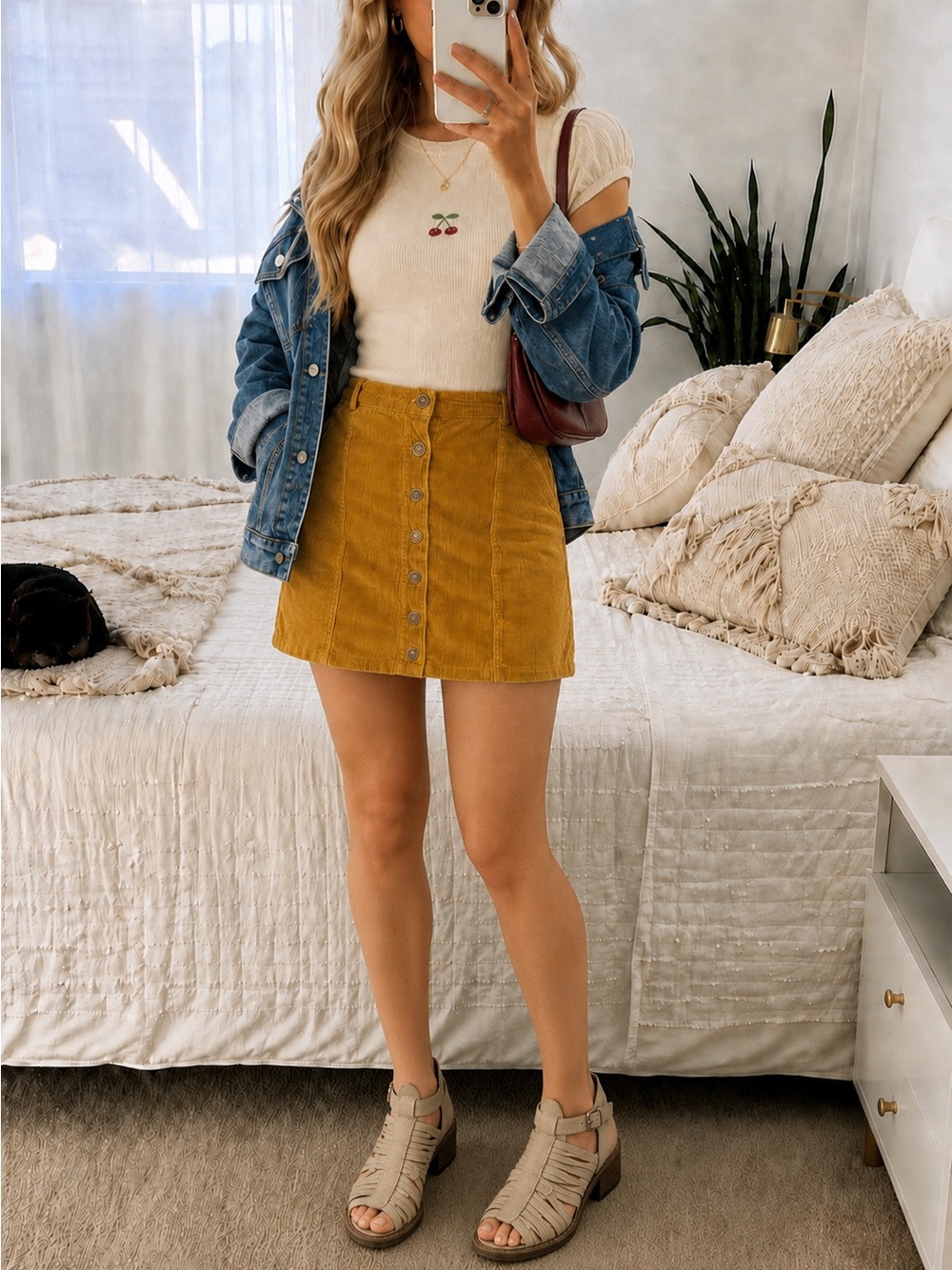 DownEast Mustard Corduroy Button-Front Mini Skirt